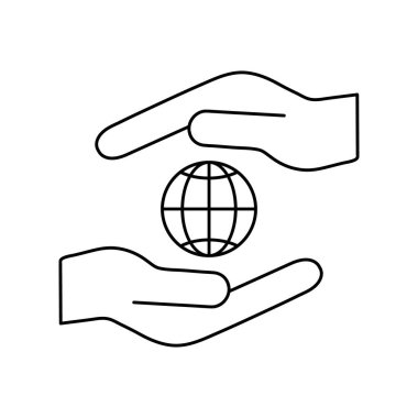 Beyaz arkaplanda izole edilmiş insan eliyle yapılan dünya ikonu vektör çizimi. Gönüllü, hayır kurumu, bağış simgesi.