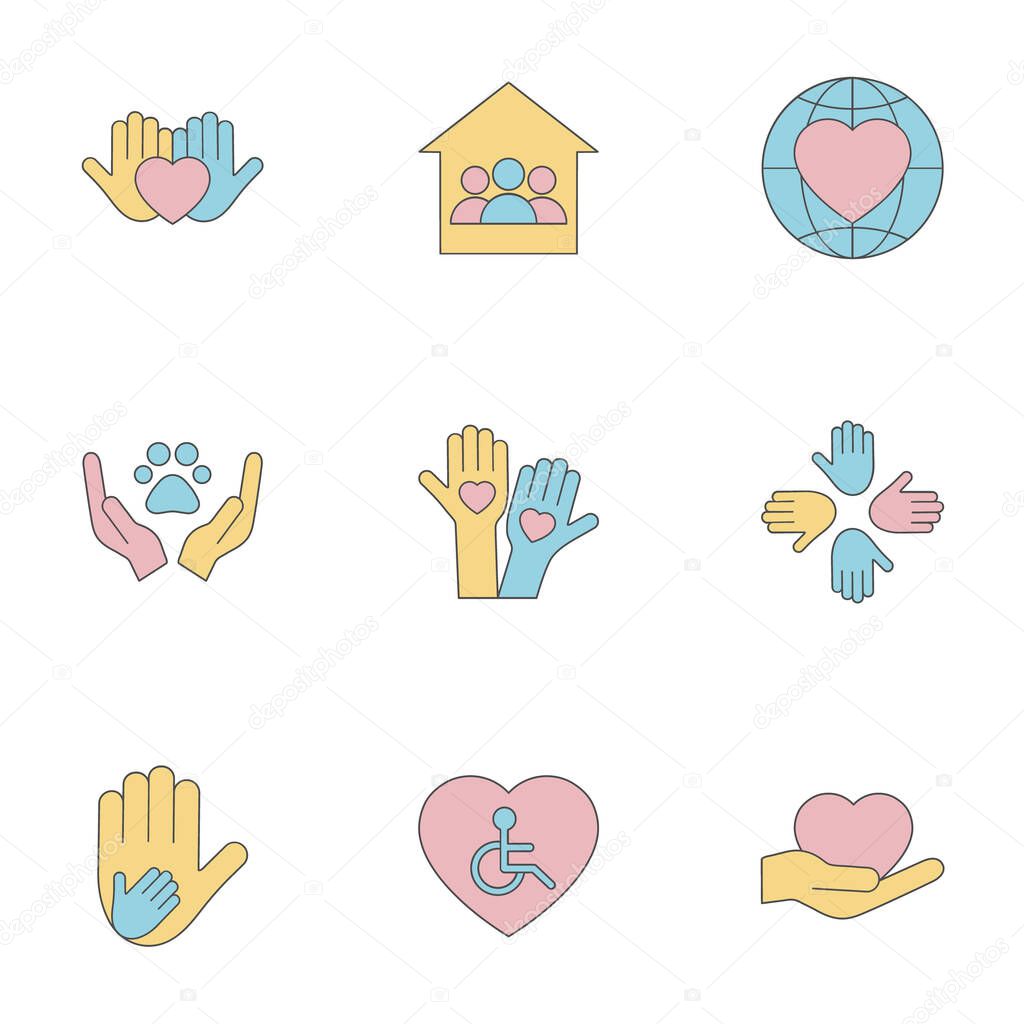 Voluntary, charity, donation set icons. Orphans and animal help, voluntary activity, heart in hands vector stock illustration isolated on white background.