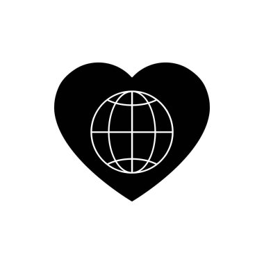 Beyaz arkaplanda izole edilmiş kalp vektörü illüstrasyonunun içindeki küresel siyah siluet simgesi. Gönüllü, hayır kurumu, bağış simgesi