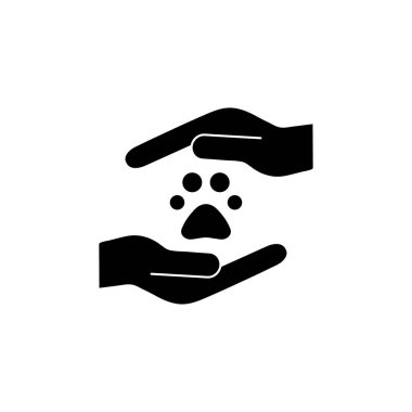 Hayvanlar beyaz arkaplanda siyah siluet vektör çizimine yardım eder. Hayvan ayak izleri, ellerinde izler. Gönüllü, hayır kurumu, bağış simgesi.