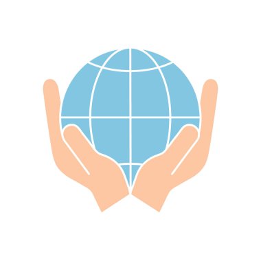 Beyaz arkaplanda izole edilmiş, insan eli vektör illüstrasyonundaki dünya simgesi.