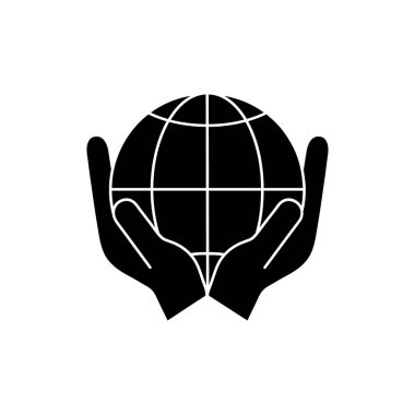 Beyaz arkaplanda izole edilmiş insan eli vektör illüstrasyonundaki dünya siyah siluet simgesi.