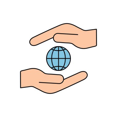 Beyaz arkaplanda izole edilmiş, insan eli vektör illüstrasyonundaki dünya simgesi.
