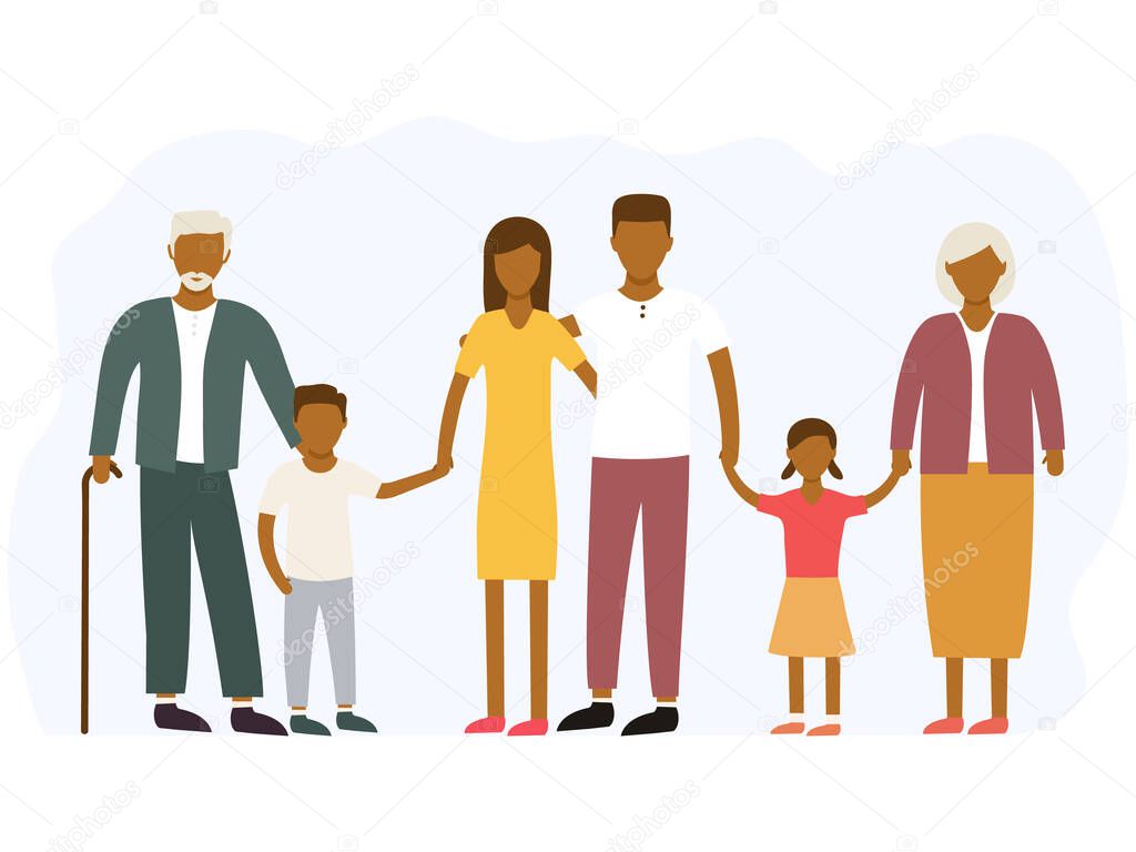 Big american happy family portrait. Three african generations - grandparents, parents and children of different age together vector illustration isolated on white background.