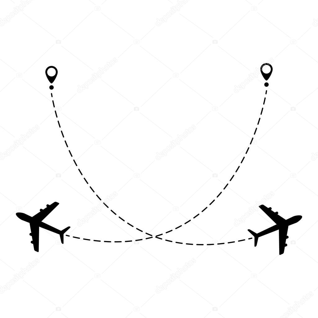Airplane line path vector icon illustration of flight route with start point and line trace isolated on white background