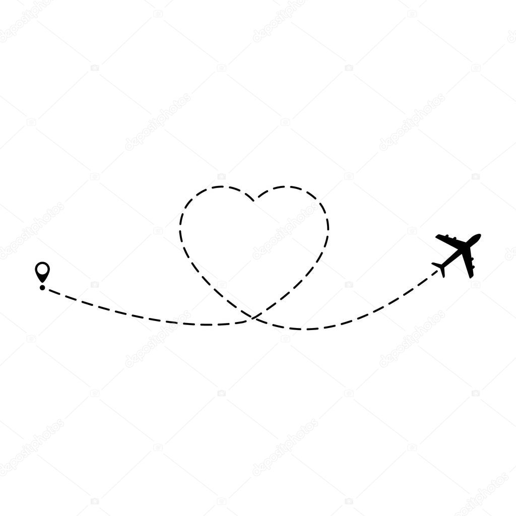 Airplane route vector illustration. Heart dashed lines path with start point and dash line trace isolated on white background.