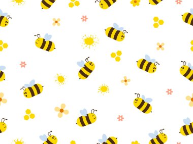 Uçan arılı kusursuz desen. Vektör karikatür siyah ve sarı arılar beyaz arka planda izole edildi. Çizgi filmlerde şirin arılar dikişsiz çizgi deseni çizerler