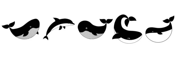 Conjunto Ballenas Delfines Ilustración Vectorial Vida Marina Aislada Sobre Fondo — Archivo Imágenes Vectoriales