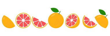 Greyfurt taze dilimleri hazır. Meyve suyu veya C vitamini logosu için greyfurt dilimi kes. Beyaz arkaplanda izole edilmiş Citrus simgeleri vektör çizimi.