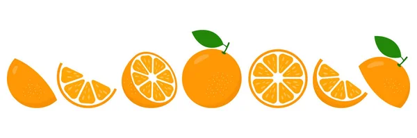 Turuncu taze dilimler hazır. Limonata suyu veya C vitamini logosu için portakallı meyve dilimi. Beyaz arkaplanda izole edilmiş Citrus simgeleri vektör çizimi.