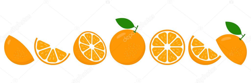 Orange fresh slices set. Cut Oranges fruit slice for lemonade juice or vitamin c logo. Citrus icons vector illustration isolated on white background.