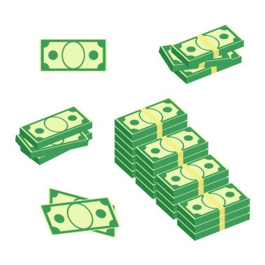 Bir tomar nakit para. Bir dizi farklı dolar destesi. Beyaz arkaplanda izole edilmiş Isometric dolar, yatırım, kâr ve tasarruf vektörü ilüstrasyonu.