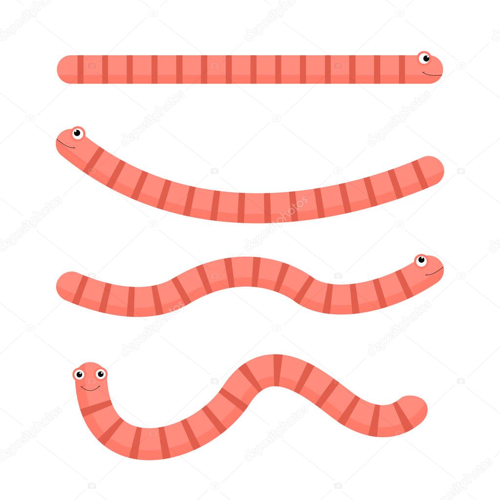 Cute cartoon worm set vector illustration isolated on white. 