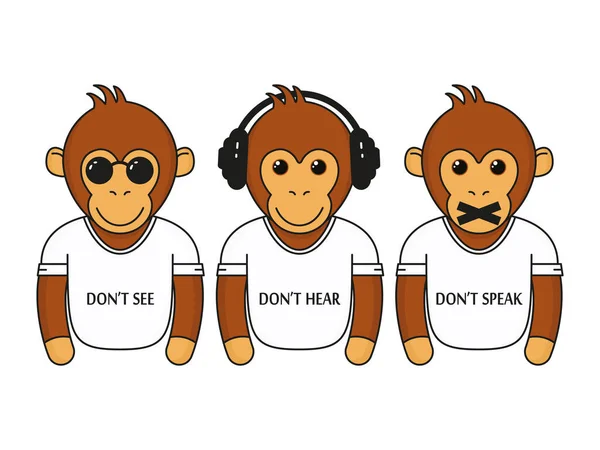 Three Wise Dressed Monkeys Headphones Glasses Closed Mouth Don See — Stock Vector