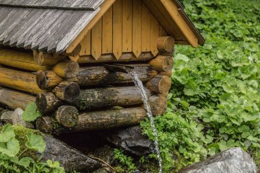 Natural source of spring water in forest flowing from a wooden well clipart