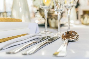 Bir şenlik, parti ya da düğün resepsiyonu için güzel bir masa. Tasarım, resmi. Yakın çekim.