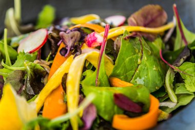 Taze bahçe salatası. Tabakta taze bahçe salatası. Taze ve sağlıklı sebze salatası. 