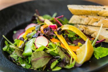 Taze bahçe salatası. Tabakta taze bahçe salatası. Taze ve sağlıklı sebze salatası. 