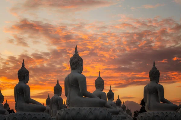 Socha Buddhy a sunset barva v thajském chrámu — Stock fotografie