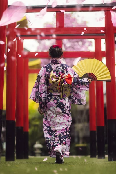 Giappone signora in kimono passeggiata nel tempio — Foto Stock