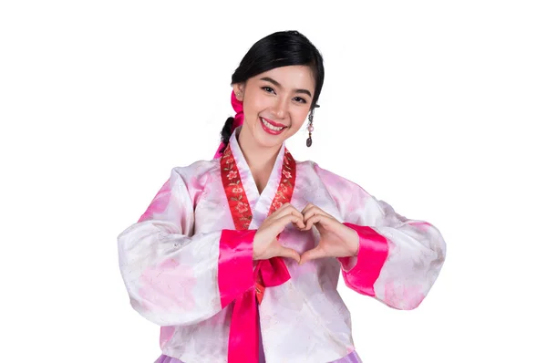 한국 여자는 손으로 사랑의 기호를 표시 하 고 원래 한국 드레스 — 스톡 사진
