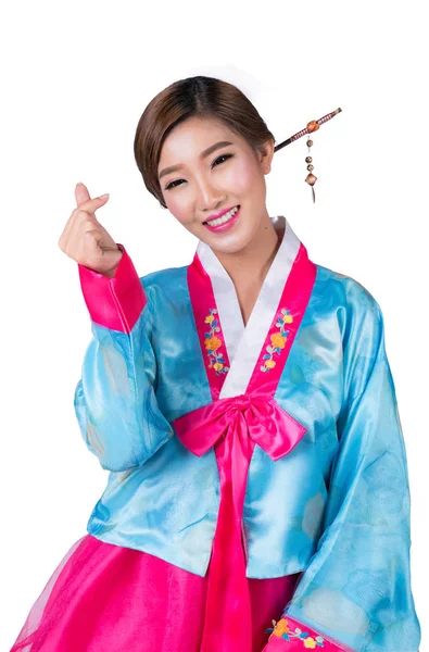 Koreanische Dame zeigen Symbol der Liebe von Hand und Korea original Kleid — Stockfoto