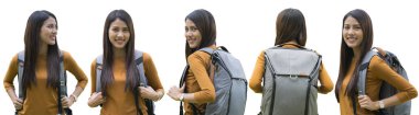 Modern çanta ve izole beyaz arka plan ile Asya Bayan kümesi