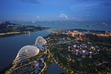 Singapur Körfezi ve liman gemi ve binanın çatı üstten gardent ile