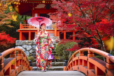 Geleneksel kimonolu Japon kız kırmızı köprüde yürüyor.
