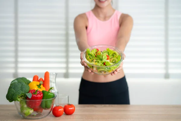 Asian girl eat clean food after exercise at home — 스톡 사진