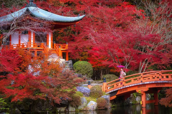 穿着和服和秋天公园的日本女孩 — 图库照片