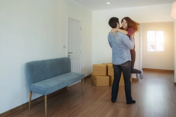Young Happy Couple Room Moving Boxes New Home Image Can Stock Picture