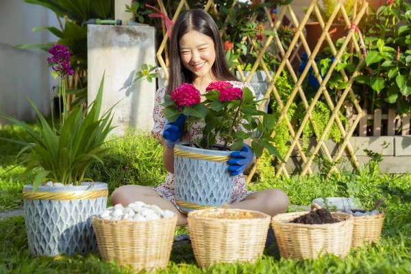 Asian Woman Plant Flower Her Garden Image Can Use Home — Stock Photo, Image