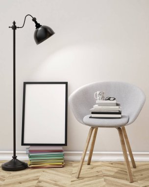 poster çerçevesi hipster iç arka plan, İskandinav tarzı, 3d render kadar alay