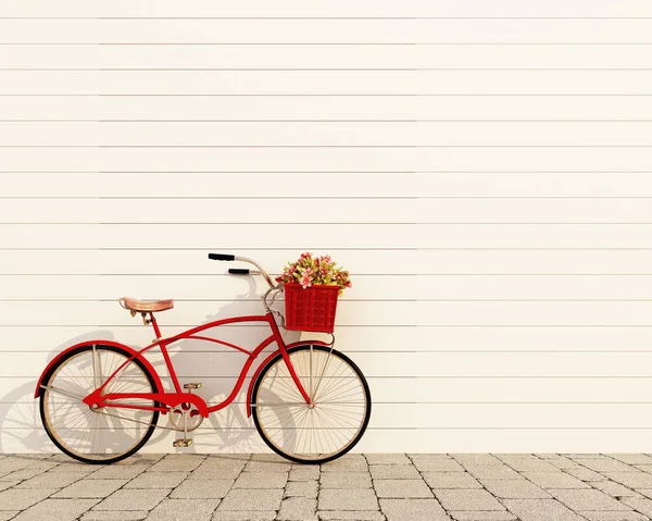 Retro bicycle with basket and flowers in front of the old wall, background — Stock Photo, Image