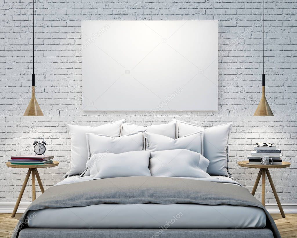 mock up blank poster on the wall of bedroom, 3D illustration background
