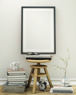 poster çerçevesi hipster iç arka plan, İskandinav tarzı, 3d render kadar alay