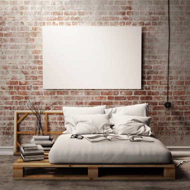Yatak Odası, 3d resimde arka plan, işleme duvarına boş poster kadar alay