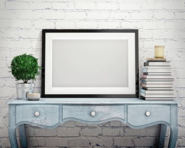 poster çerçevesi hipster iç arka plan, İskandinav tarzı, 3d render kadar alay