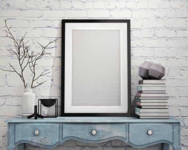 poster çerçevesi hipster iç arka plan, İskandinav tarzı, 3d render kadar alay