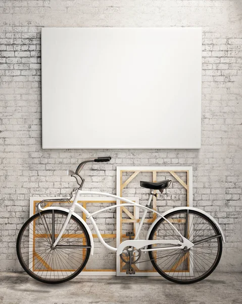 Mock up cartel y lona en vintage hipster loft fondo interior con bicicleta — Foto de Stock