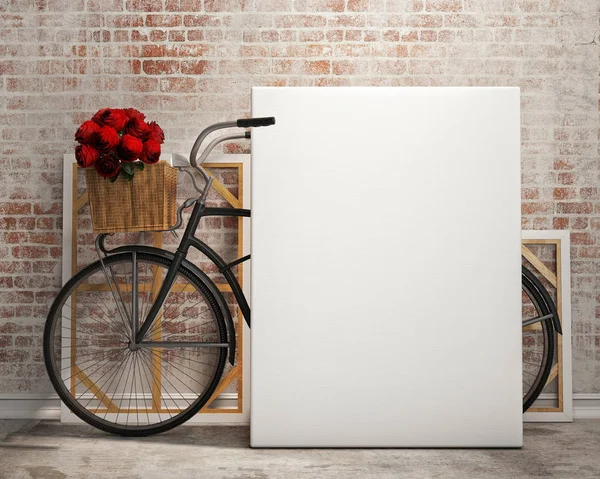 Modello su poster e tela in vintage hipster loft sfondo interno con bicicletta — Foto Stock