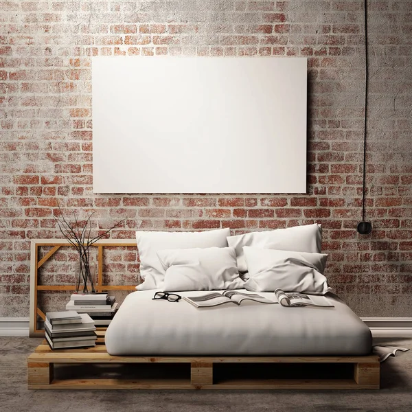 침실, 3d 일러스트 배경, 렌더링의 벽에 빈 포스터를 모의 — 스톡 사진