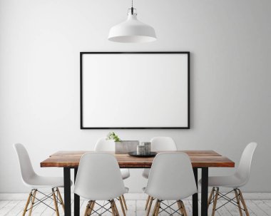 poster çerçevesi beyaz İskandinav yemek odasında iç arka plan dalga