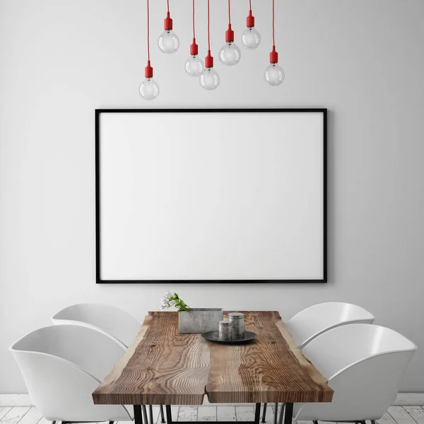 Håna upp affischram i vit skandinaviska matsal, interiör bakgrund — Stockfoto