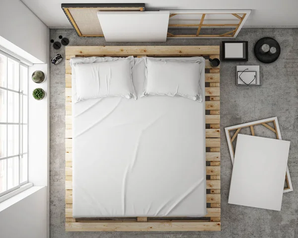Mock up poster gol pe peretele dormitorului, fundal ilustrație 3D — Fotografie, imagine de stoc