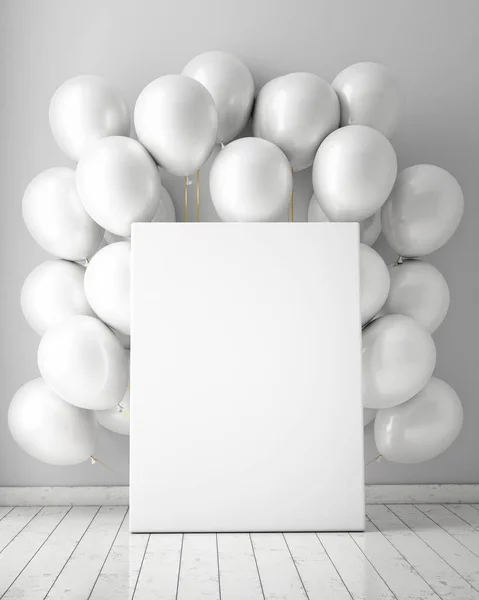 Simular cartaz no fundo interior com balões vermelhos, ilustração 3d, renderização — Fotografia de Stock