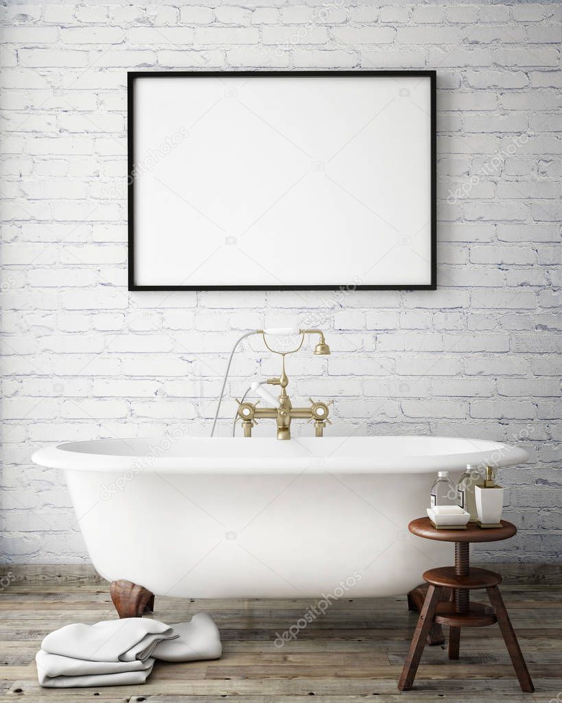 mock up poster frames in vintage hipster bathroom, interior background