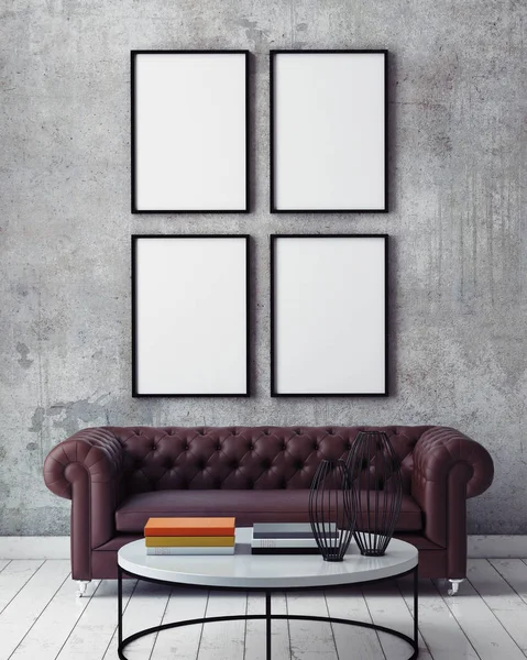 Mock up poster frame in hipster interieur hintergrund, 3d render — Stockfoto
