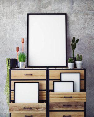 poster çerçevesi içinde yenilikçi iç geçmiş, 3d render kadar alay